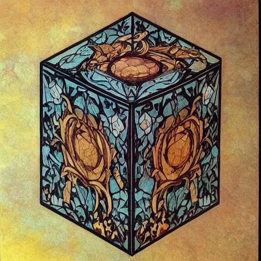 Image similar to beautiful painting of companion - cube!!!!!!!!!!!!!!!!! companion - cube!!!!!!!!!!!!!!!!!, art nouveau. by william morris, andreas rochas, mucha, gaudy colors. intricate linework. sharp edges.