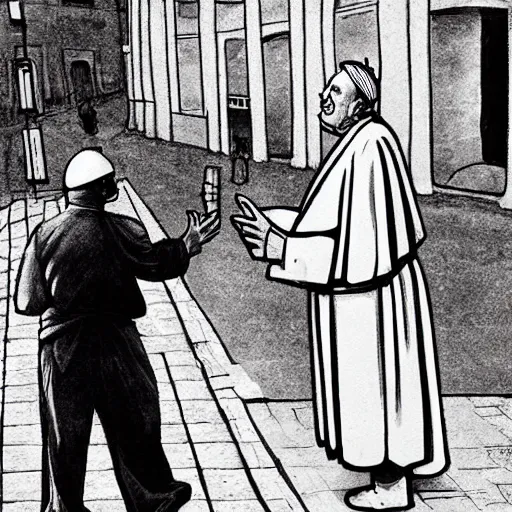 Prompt: The pope pointing and laughing at a homeless person, realistic, city streets