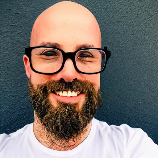 Prompt: selfie of 4 0 - year old almost bald man with glasses and sparse beard, mouth wide open, surprise
