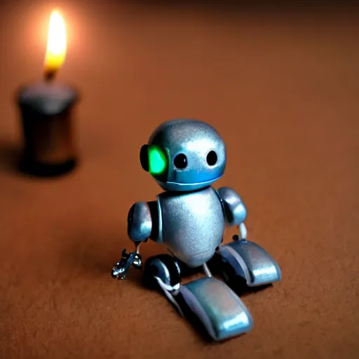 Image similar to a cute little robot, sit on a pin with a lit candle in the background by maxvanzwerg