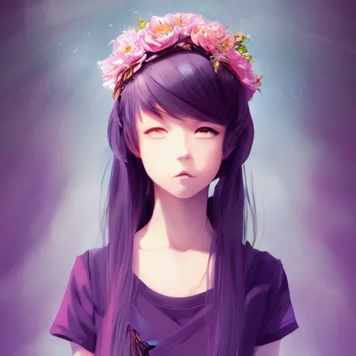 Image similar to portrait of anime pixie character with flower crown hair, manga cover, highly detailed, digital painting, artstation, concept art, sharp focus, illustration, strong brush stroke, anime, art by greg rutkowski, ilya kuvshinov, sharp focus, ghibli studio, art by ilya kuvshinov, rossdraws