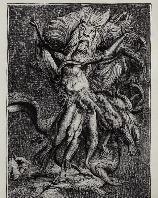 Image similar to a creature with the body and eyes of a man, with the beak of an eagle, the mane of a lion, and the horns of an ox. drawn by francis bacon