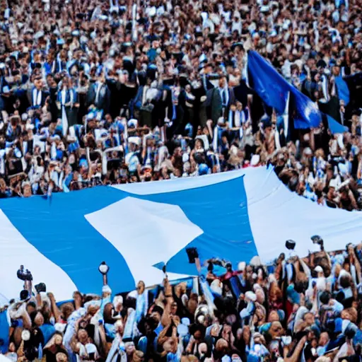 Image similar to Lady Gaga as president, Argentina presidential rally, Argentine flags behind, bokeh, giving a speech, detailed face, Argentina