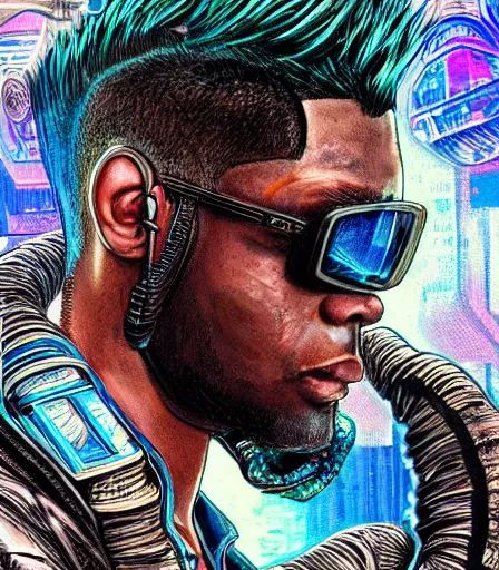 Prompt: hyper detailed comic illustration of a cyberpunk 50 Cent wearing a futuristic sunglasses and a gorpcore jacket, markings on his face, by Android Jones intricate details, vibrant, solid background, low angle fish eye lens