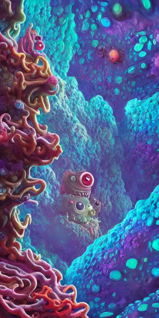 Image similar to of a colorful deep sea cave with strange cute friendly happy creatures with huge eyes, mouth, long tongue and round teeth appearing from sandy coral, in the style of gehry and gaudi, macro lens, shallow depth of field, ultra detailed, digital painting, trending artstation, concept art, illustration, cinematic lighting, photorealism, epic, octane render