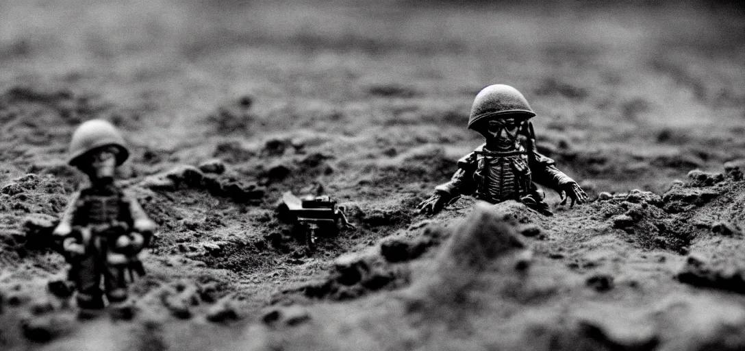 Prompt: tilt shift wwi alien pondering over a dug out trench, dramatic light, zdzidaw, ultrafine, hyperrealistic, vintage, retro, 3 5 mm film still, movie
