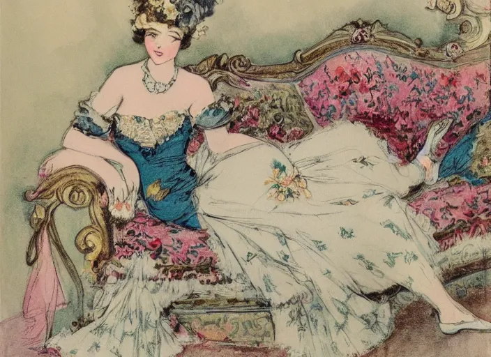 Prompt: Louis Icart, an old elaborate colored drawing of a woman laying eloquently on a sofa, wearing flowing dress with floral motifs, by Louis Icart, highly detailed, masterpiece