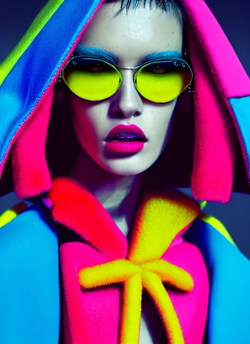 Image similar to stylish coat for a rave, bright colors, many details, prints, photo for a magazine, photo for a store, fashion photography, Vogue, 135 mm, cinematic, hyper realism, high detail, octane render, 8k, chrome accents, very coherent symmetrical artwork, perfect face model, full length photo, Upper and lower body, even skin tone,Soft shadows on the face