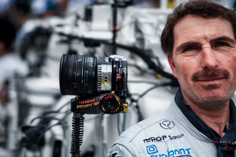 Prompt: closeup portrait of a technician at the formula 1 starting grid, by Steve McCurry and David Lazar, natural light, detailed face, CANON Eos C300, ƒ1.8, 35mm, 8K, medium-format print