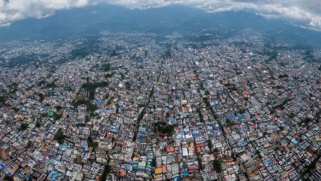 Image similar to remarkable airplane view of a cyberpunk mayan city in guatemala and it is graced by a huge sacred futuristic cyberpunk temple