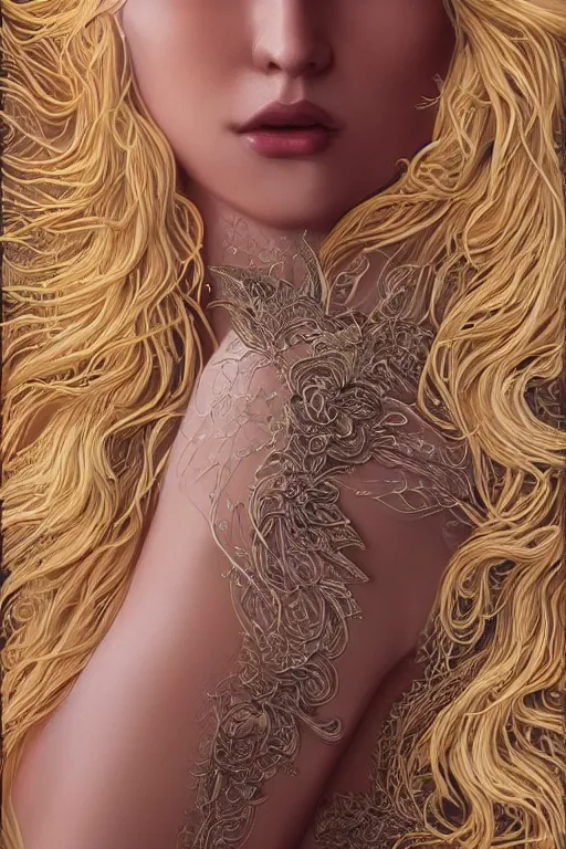 Prompt: beautiful blonde young woman's face, magical, angelic wings, flowers, intricate, synth-wave, retrowave, highly-detailed, elegant, dramatic lighting, gorgeous face, lifelike, photorealistic face, long luxurious intricate gown, digital painting, artstation, illustration, concept art, smooth, sharp focus, art by Craig Russel, Barry Smith, artgerm, and Albert Aublet and Krenz Cushart and Artem Demura and Alphonse Mucha