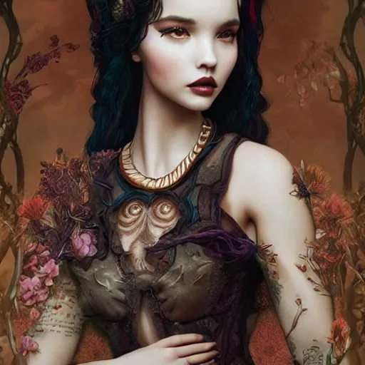 Image similar to tom bagshaw, curiosities in lovecraftian world, beautiful asian mix of dove cameron madison beer bella poarch in a full dress, gothic makeup, professionally retouched, focus eyes, ultra realistic soft painting, insanely detailed linework, symmetrical accurate intricate features, behance, 8 k