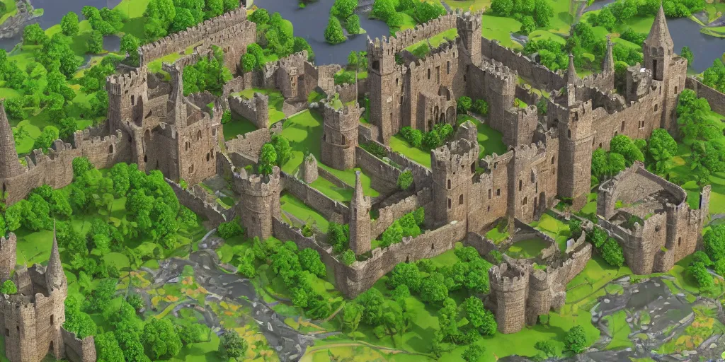 Prompt: medieval castle in a jungle with towers and moat, 3 d, isometric