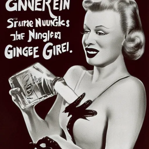 Prompt: ginger rogers with gennie make - up, dressed as green ninja, drinking a bottle of ginger gin and eating gingerbread for dinner, advertisement poster by h. r. giger