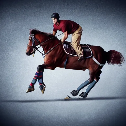 Prompt: photo realistic hockey player riding a horse, realistic, award winning, cinematic