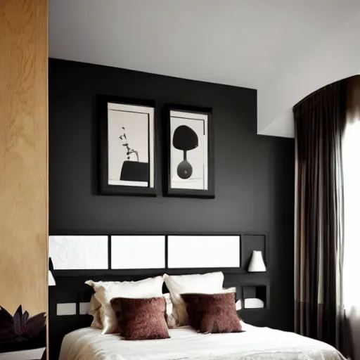 Image similar to bedroom, stone, interior design, stylish luxury hotel bedroom design, yakisugi, black vertical slatted timber, textures, feminine, black walls, art, Japanese pottery vase with flowers, kakejiku, seasonal, Japanese influences