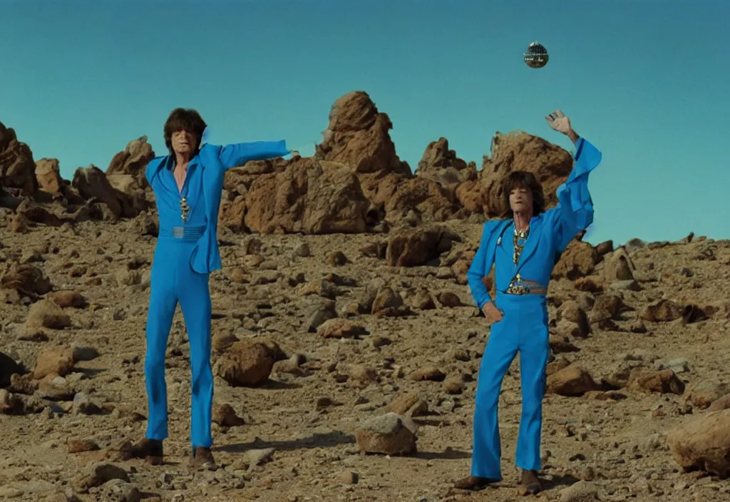 Prompt: mick jagger dressed in blue costume with jewels in a dry rocky desert landscape, with alien complex city and giant alien spaceship in the sky, by christopher doyle and alejandro jodorowsky, anamorphic lens, kodakchrome, cinematic composition, masterpiece, 8 k