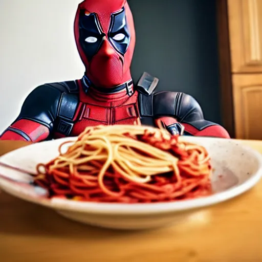 Image similar to Deadpool eating spaghetti, professional photography