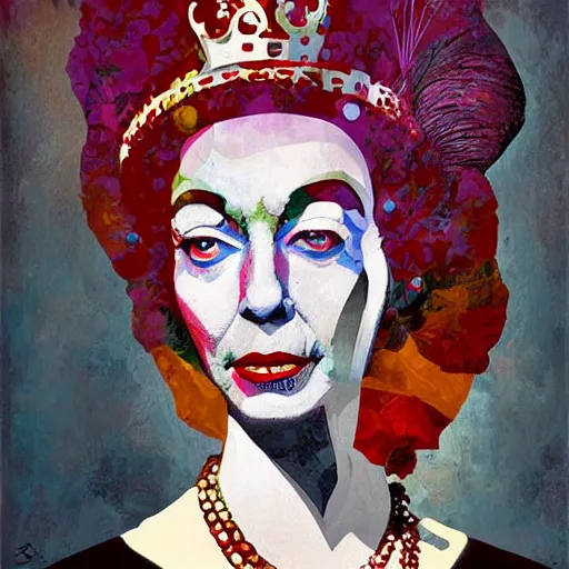 Prompt: surrealistic portrait of queen elizabeth 2 by james gilleard, alexander jansson, sam kieth, anna bocek, thick impasto, clear brush strokes, oil, ink, wash, scratches, burned edges
