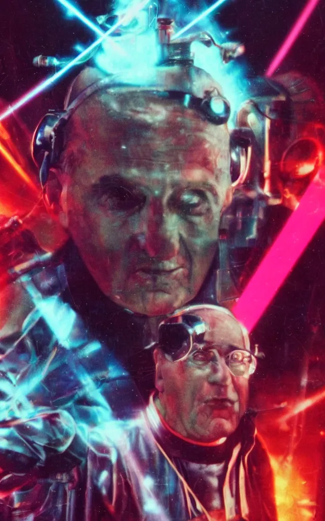 Image similar to Pope shooting bright lasers out of his head, 80s, science fiction, cyberpunk, neon, low angle shot, cross, pope, movie poster