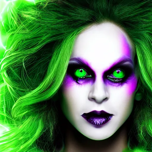 Prompt: a portrait photo of a poison themed female villain, glowing green, poison dripping, poison teeth, detailed character design, symmetrical face, purple highlights, one purple eye, realistic eyes