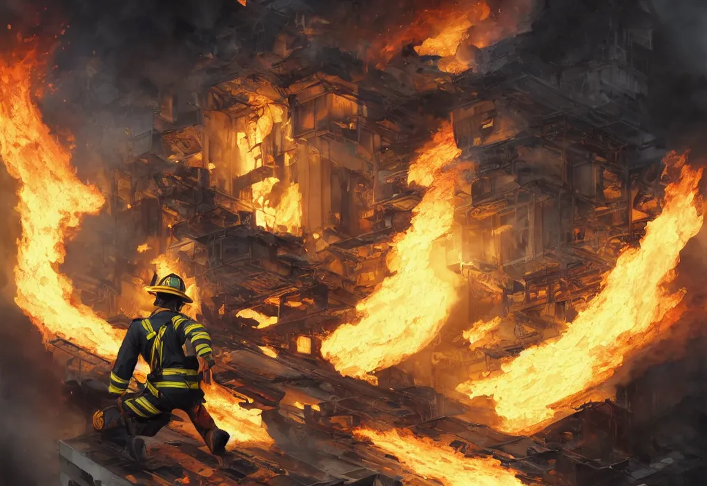 Image similar to heroic firefighter in action in black and yellow uniform, fire flames, sharp details, sharp focus, elegant, highly detailed, illustration, by jordan grimmer and greg rutkowski and pine ( ハイネ ) and 薯 子 imoko and 香 川 悠 作 and wlop and maya takamura, intricate