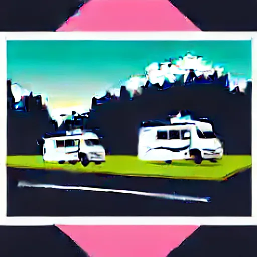 Prompt: minimal professional vector art featuring a white and black cute thor chateau! motorhome camper!!, highway, mountains and sunset!!, very happy, professional colorful simple vector art