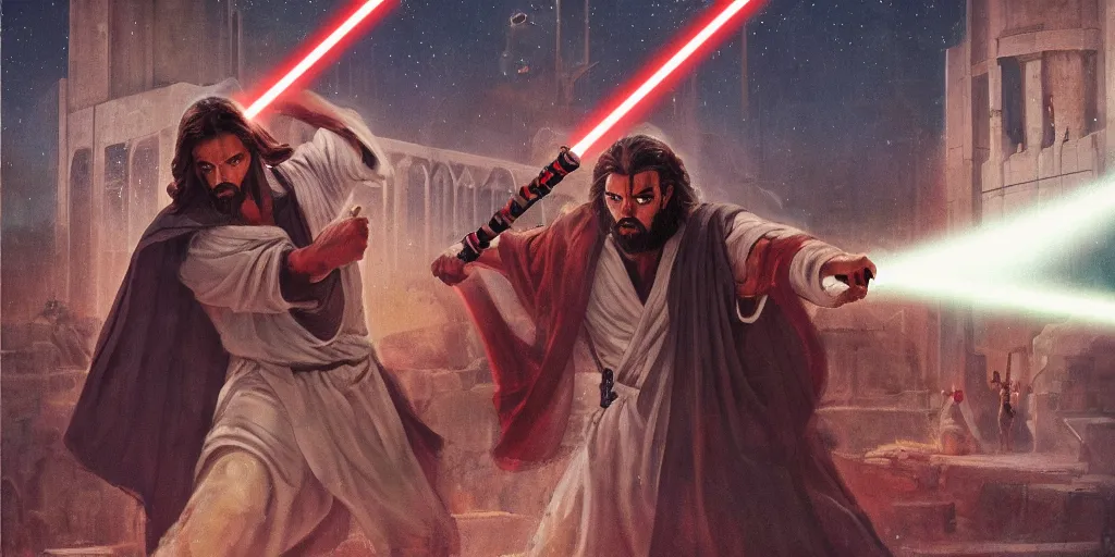 Image similar to A portrait of Jesus fighting Darth Maul in the retro futuristic city of Jerusalem