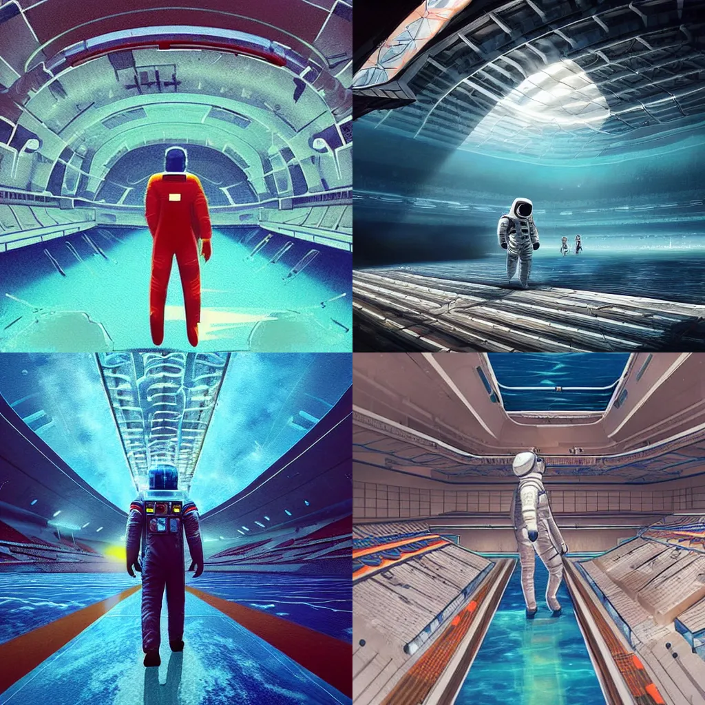 Prompt: “an astronaut walking inside an underwater football stadium, trending on artstation”