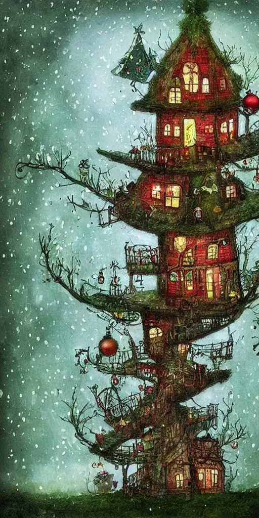 Image similar to a christmas tree house scene by alexander jansson