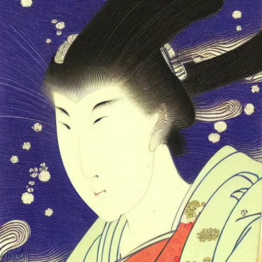 Image similar to by uemura shoen medieval, biopunk relaxed, exciting. painting. a beautiful illustration of a young girl with long flowing hair, looking up at the stars. she appears to be dreaming or lost in thought.