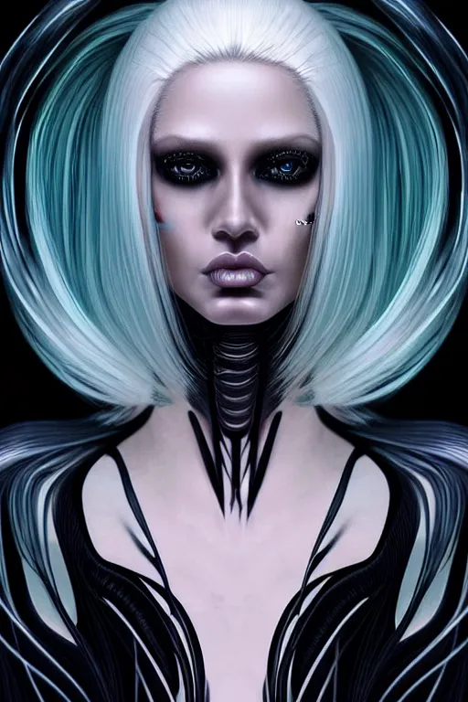 Prompt: Supermodel woman turning into an Android portrait, dark surrealism , scifi, intricate design, elegant, sharp black eyebrows, ornate long flowing platinum neon blonde hair and small black streaks, highly detailed cybernetic body, glowing eyes, digital painting, artstation, concept art, smooth, sharp focus, illustration, art by Artgerm and moebius and Peter Mohrbacher