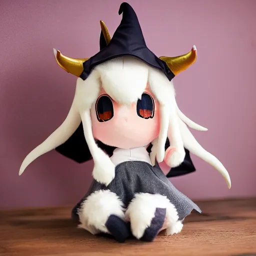 Prompt: cute fumo plush of a goat girl with horns, anime girl, witch, artstation, vray