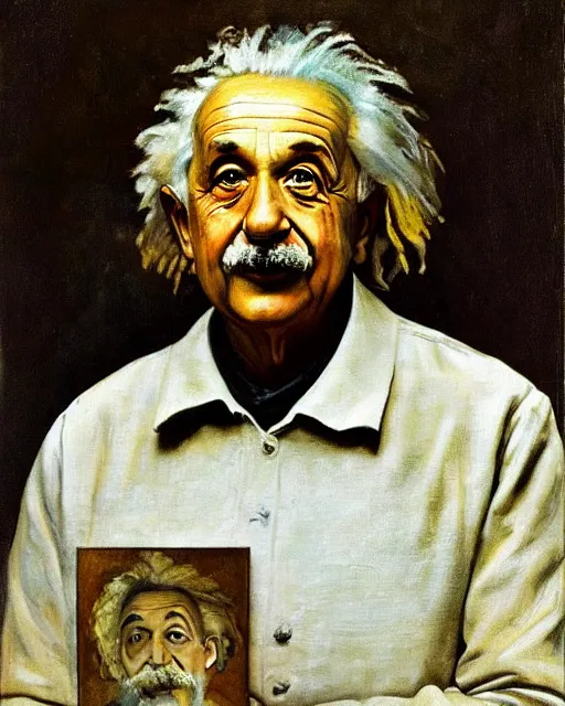 Prompt: painterly portrait, Albert Einstein with symbol for atom, impasto, fantasy, chuck close:7, carl spitzweg:7, cinematic light, full face, symmetrical face