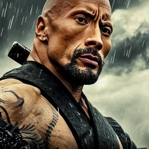 Prompt: Dwayne Johnson as samurai , under rain, dramatic, war ambience, an film still