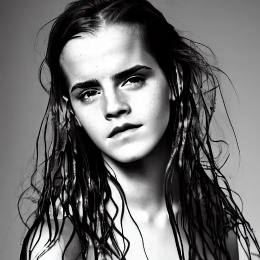 Prompt: Emma Watson closeup face shoulders very long hair wet hair Vogue fashion shoot by Peter Lindbergh fashion poses detailed professional studio lighting dramatic shadows professional photograph by Cecil Beaton, Lee Miller, Irving Penn, David Bailey, Corinne Day, Patrick Demarchelier, Nick Knight, Herb Ritts, Mario Testino, Tim Walker, Bruce Weber, Edward Steichen, Albert Watson