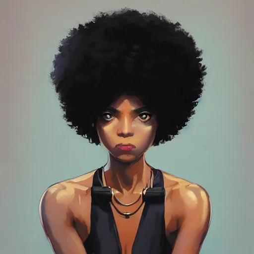 Prompt: A black woman with big Afro cute brown eyes, fine-face, realistic shaded perfect face, fine details. realistic shaded lighting poster by Ilya Kuvshinov katsuhiro otomo ghost-in-the-shell, magali villeneuve, artgerm, Jeremy Lipkin and Michael Garmash, Rob Rey and Kentarõ Miura style, trending on art station