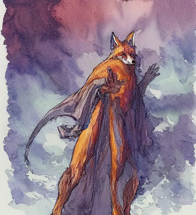 Image similar to a 3 / 4 view watercolor ink painting of an anthromorphic fox sorcerer / wizard in the style of jean giraud in the style of moebius trending on artstation deviantart pinterest detailed realistic hd 8 k high resolution