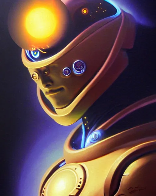 Image similar to zenyatta from overwatch, nine eyes, character portrait, portrait, close up, vintage fantasy art, vintage sci - fi art, radiant light, caustics, by boris vallejo