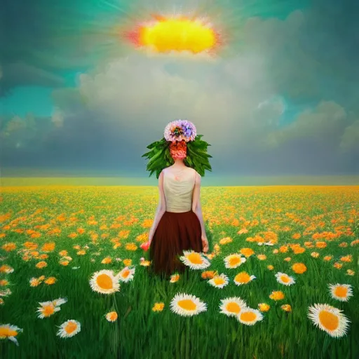 Image similar to full body daisy flower head, girl standing in a flower field, head hidden behind huge daisy flower, surreal photography, sunrise, dramatic light, impressionist painting, colorful clouds, digital painting, artstation, simon stalenhag