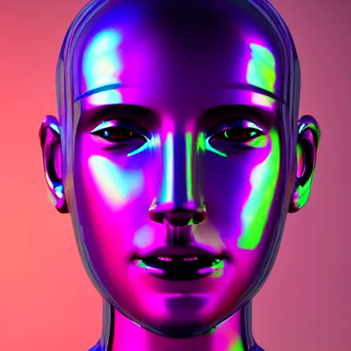 Image similar to 3d render of holographic human robotic head made of glossy iridescent, surrealistic 3d illustration of a human face non-binary, non binary model, 3d model human, cryengine, made of holographic texture, holographic material, holographic rainbow, concept of cyborg and artificial intelligence