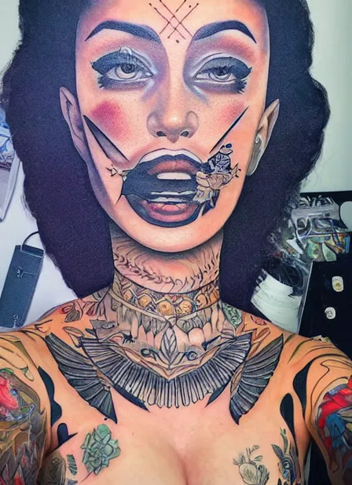 Prompt: beautiful enlightened instagram selfie influencer woman with tattoos, tattooed skin, oil painting, robe, symmetrical face, greek dark ritual myth, by sandra chevrier, masterpiece