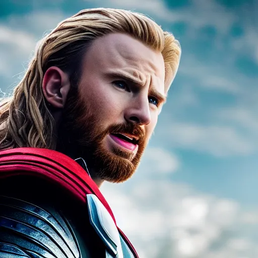 Image similar to chris evans as thor, marvel cinematic universe, mcu, canon eos r 3, f / 1. 4, iso 2 0 0, 1 / 1 6 0 s, 8 k, raw, unedited, symmetrical balance, in - frame,