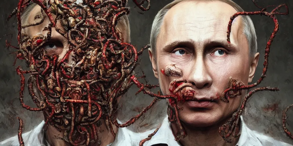 Image similar to highly detailed surreal portrait of vladimir putin's face is eaten by worms, in the background an army of zombies with their mouths sewn shut with wire in the shape of the letter z, style of greg rutkowski and ralph horsley, photorealistic, hyperdetailed, matt painting, digital art, non blurry, sharp, artstation, concept art, smooth, illustration