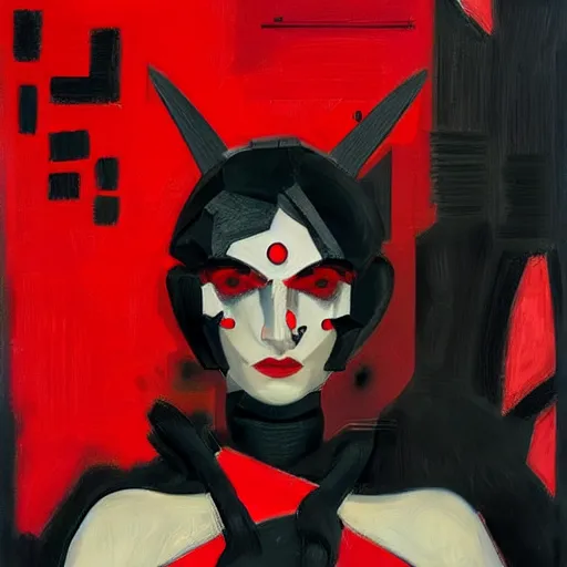 Image similar to Matisse potrait of a demon with black and red robotic parts, medium shot, asymmetrical, profile picture, Organic Painting, sunny day, Matte Painting, bold shapes, hard edges, street art, trending on artstation, by Huang Guangjian and Gil Elvgren and Sachin Teng