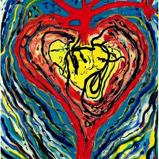 Prompt: ( ( ( ( anatomically correct human heart with atria, ventricles and aorta, medical textbook diagram ) ) ) ), jackson pollock painting