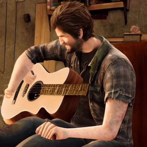 Prompt: Ellie and Joel from the last of us playing the guitar, both of them are happy