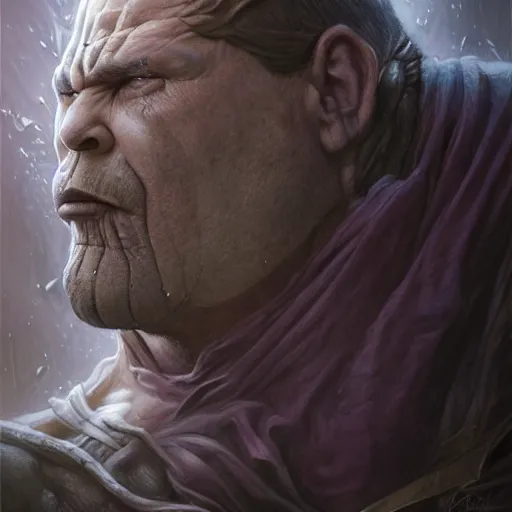 Image similar to closeup portrait shot of olivier richters as destruction of the endless, the sandman, herculean thanos, conan the barbarian, highly detailed, digital painting, artstation, concept art, soft focus, depth of field, artgerm, tomasz alen kopera, peter mohrbacher, donato giancola, wlop, boris vallejo