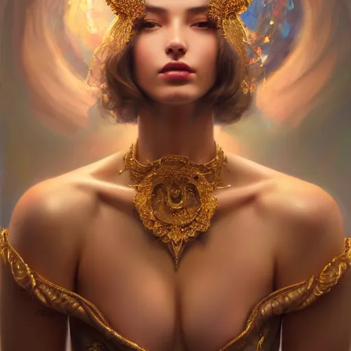 Prompt: expressive oil painting, of alluring european princess, seductive look, smirk, smooth glowing skin, glistening body, love, adoration, sweat, body tattoos, ornate headpiece, glamour shot, by yoshitaka amano, by greg rutkowski, by jeremyg lipkinng, by artgerm, digital art, octane render, heavenly aesthetic