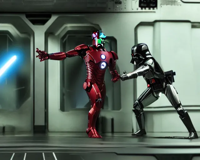 Image similar to a duel between iron man ( left ) and darth vader ( right ), in space, shot on alexxa ; 3 5 mm cooke